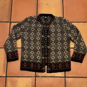 Vintage 1990s Skyr Abstract Pattern Broach Button Knit Cardigan Sweater